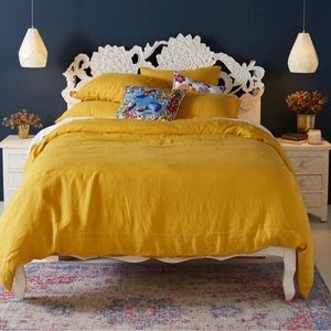 Anthropologie 100% Linen Duvet Cover Yellow Sz Twin Button Closure 68” x 86”